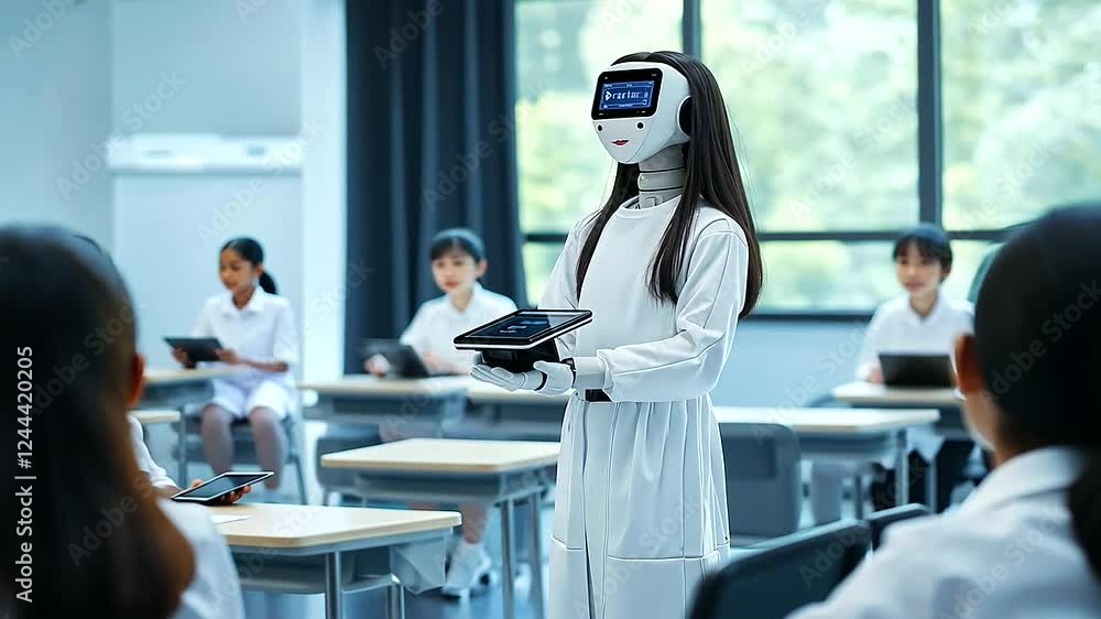 Poster a high-tech ai-driven school where a robot stands at the center of the classroom, analyzing student 