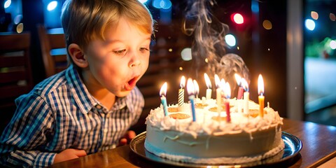 Boy blowing out candles on birthday cake in a festive setting at night