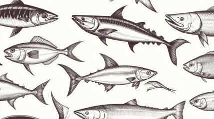 Fish sketch seamless pattern. Vector fishing marlin, scad or horse mackerel, scomber or anchovy and tuna, sardine and sea bass or dorada bream, salmon and flounder or pike fish pattern background