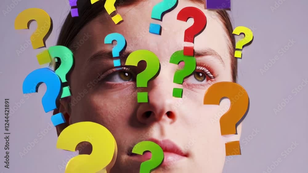 Poster Multiple images of a young woman with colorful question marks floating around her head portray the concept of decision making, questioning, and searching for answers