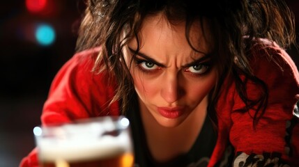 Intense young caucasian female gazing with focus holding beer glass