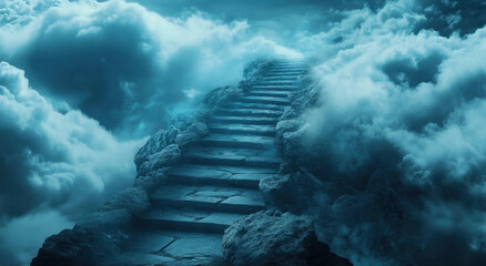 Stone steps rise into a thick layer of clouds, creating a pathway that seems to lead to an otherworldly destination above