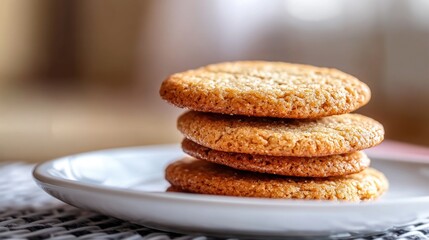 Crisp golden cookies stacked on white plate in soft focus kitchen setting