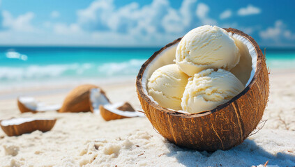 Coconut ice cream sits in a halved shell, overlooked by sunlit sand and turquoise waters on a tranquil tropical beach