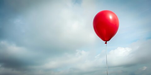 Fototapeta premium Red balloon floating in a cloudy sky during the day brings a sense of joy and wonder to viewers