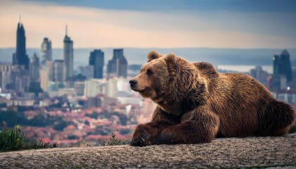 Majestic Brown Bear Ambling amidst a Metropolitan Skyline, Blending Wild and Urban Landscapes in Harmony