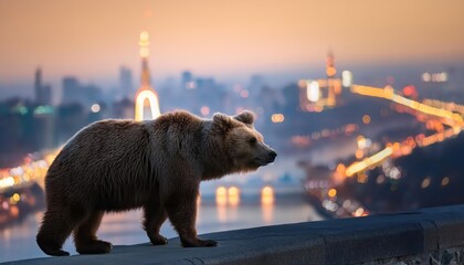 Majestic Brown Bear amidst Urban Skyline Backdrop, with Sunlight Streaming through City Towers in Winter, Contrasting the Wild and Civilized Worlds.