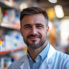Fototapeta premium Portrait of a male pharmacist smiling at the camera. Male pharmacist standing inside a pharmacy on blurred background.