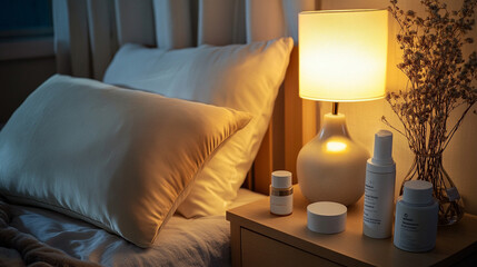 Modern bedroom with plush pillows and a warm bedside lamp, cozy and minimalist interior design concept with soft neutral tones and ambient lighting