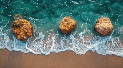 Fototapeta premium Aerial view Ocean waves lapping rocks on sandy beach at sunset