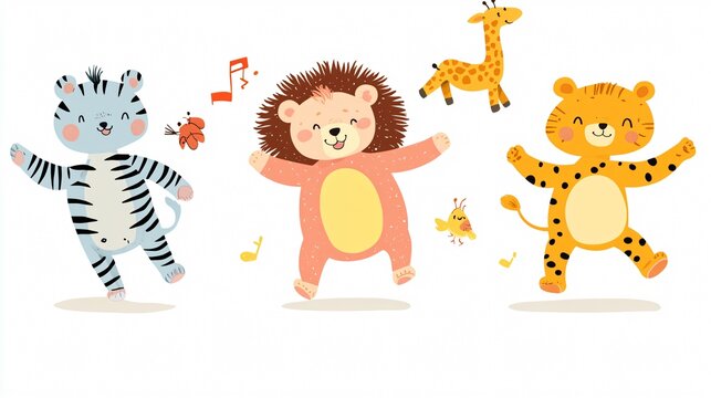Set of Cute Animals Dancing Funny in Forest and Jungle with Green Background