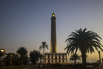 Faro de Maspalomas, Maspalomas Lighthouse in Gran Canaria at dusk or dawn.