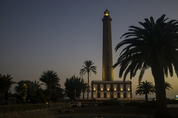 Faro de Maspalomas, Maspalomas Lighthouse in Gran Canaria at dusk or dawn.