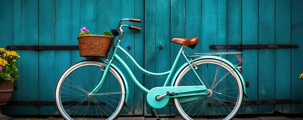 Vintage turquoise bicycle with flower basket standing against a matching turquoise wooden door. Retro urban transport and lifestyle concept. Backdrop for banner, poster