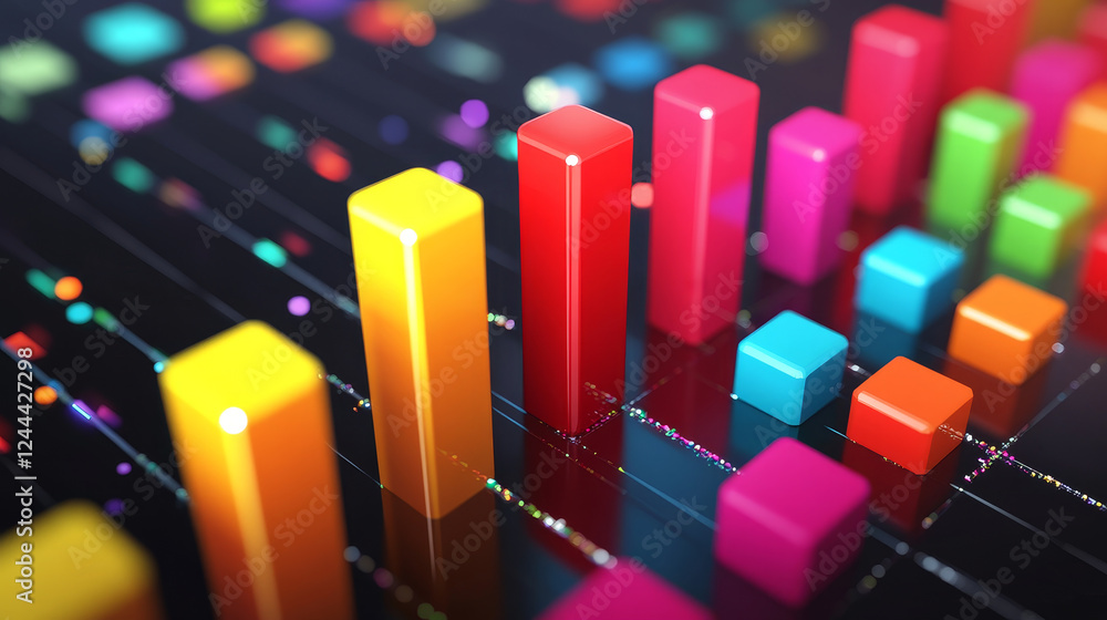 Poster two colourful fluctuating bar graphs viewed from a high angle, one in red and one multicoloured with