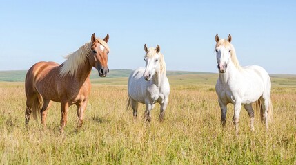Obraz premium Three horses grazing in a summer field