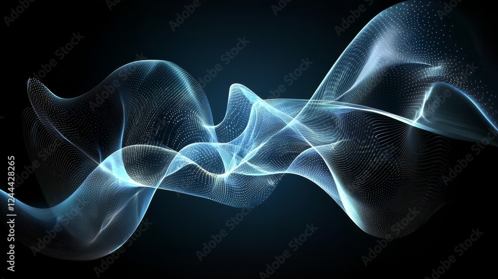 Poster a wave of abstract blue digital particles against a backdrop of bokeh and light