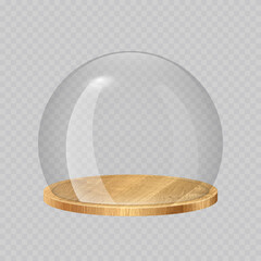 Glass dome with wooden tray. Transparent crystal bell, container, case, cover with round wood plate. Empty product display or showcase. Realistic vector illustration isolated on transparent background © Mariquita vector