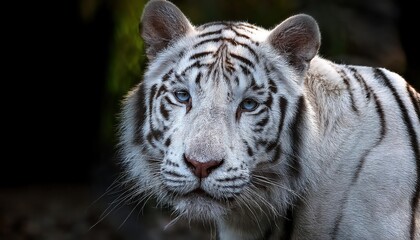 Majestic White Bengal Tiger Staring Intently in the Wild, Majestically Posed Amidst Lush Greenery and Sunlight Rays Breaking Through, Capturing an Emotional Bond Between Man and Nature.