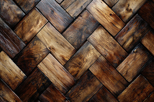 Dark and aged wooden parquet with a traditional herringbone pattern