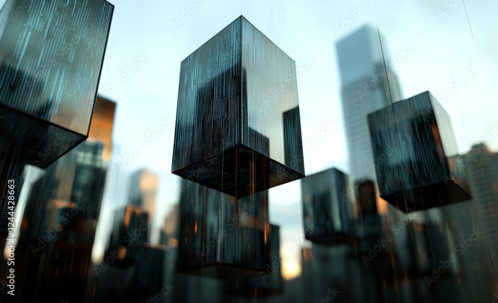 Poster Blockchain information circulates through digital global networks. 3D depiction of data cells featuring binary code elements