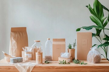 Elegant display of eco-friendly packaging and herbs in a serene indoor setting