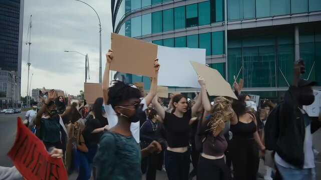 Crowd of protesters marching for human rights in urban environment