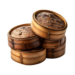 Three Wooden Baskets Isolated on Transparent Background