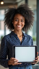 A cheerful young Black woman with curly hair stands confidently in a contemporary office, holding a tablet. Her bright smile radiates positivity, inviting collaboration and creativity in a vibrant
