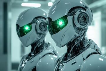 Fototapeta premium Futuristic robots with glowing eyes in high-tech setting