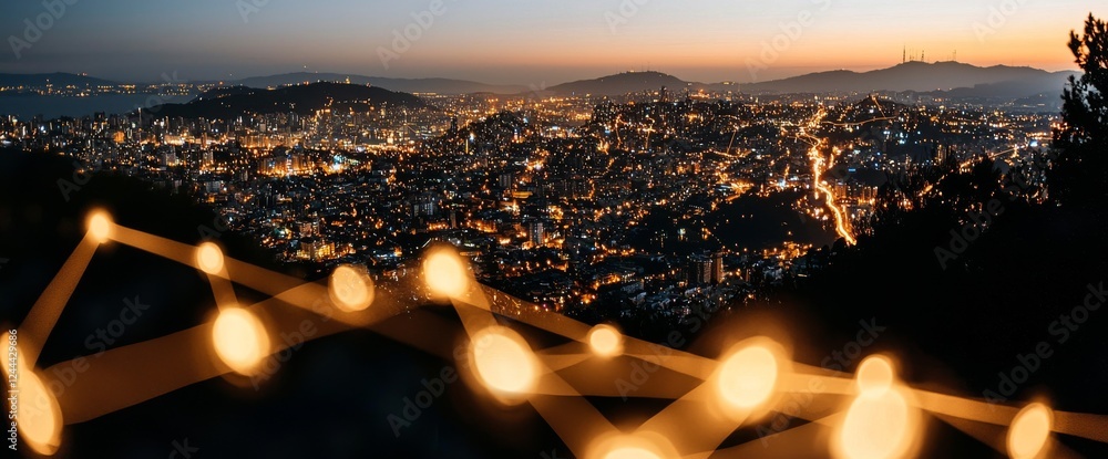 Poster smart city with abstract dots linked via a gradient line and an elegant wave line design, representi
