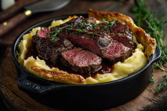 An open pie with tender beef, rich red wine sauce, and a layer of creamy mashed potatoes, served in a well-worn cast-iron pot.
