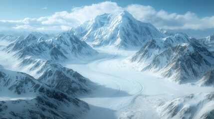 Obraz premium Aerial view snowy glacier valley, majestic mountains, sunrise, winter landscape, travel brochure
