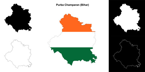 Fototapeta premium Purba Champaran district (Bihar) blank outline map set