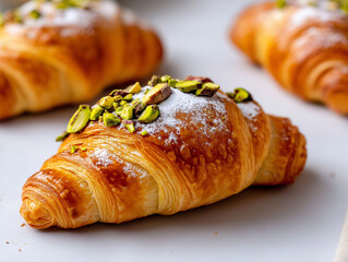 K&ouml;stlicher Bl&auml;tterteig-Croissant mit Pistazien und Puderzucker

