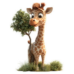 Fluffy 3D Cartoon Giraffe with Fuzzy Mane Isolated on Transparent Background
