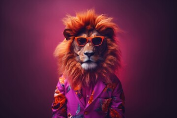 Cool lion wearing sunglasses and a colorful floral jacket against a magenta background. Anthropomorphic animal fashion portrait. Quirky and stylish concept for poster or print