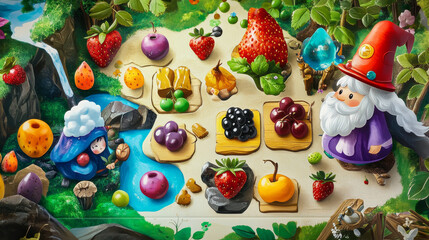 Kids board game cartoon berry wizard, fairy and mages characters. Vector boardgame with cloudberry, gooseberry, bird cherry, strawberry. Grapes, black currant, rosehip and blueberry, honeyberry