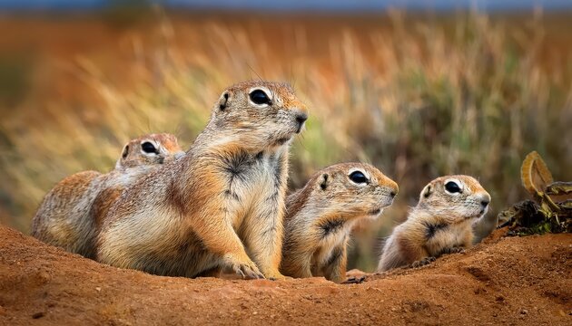 Enchanting Moment A CloseKnit Belding Ground Squirrel Family Gathered Amidst the Golden Fields of Winter, Brimming with Playfulness and Tranquility.