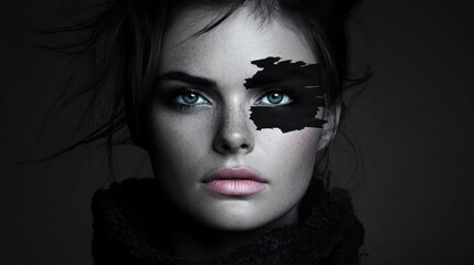 Young caucasian female with artistic eye makeup in dark setting
