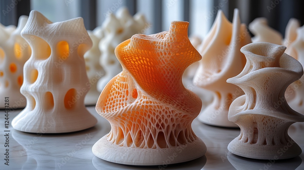 Poster intricate 3d-printed sculptures displayed on a table with soft lighting and modern backdrop