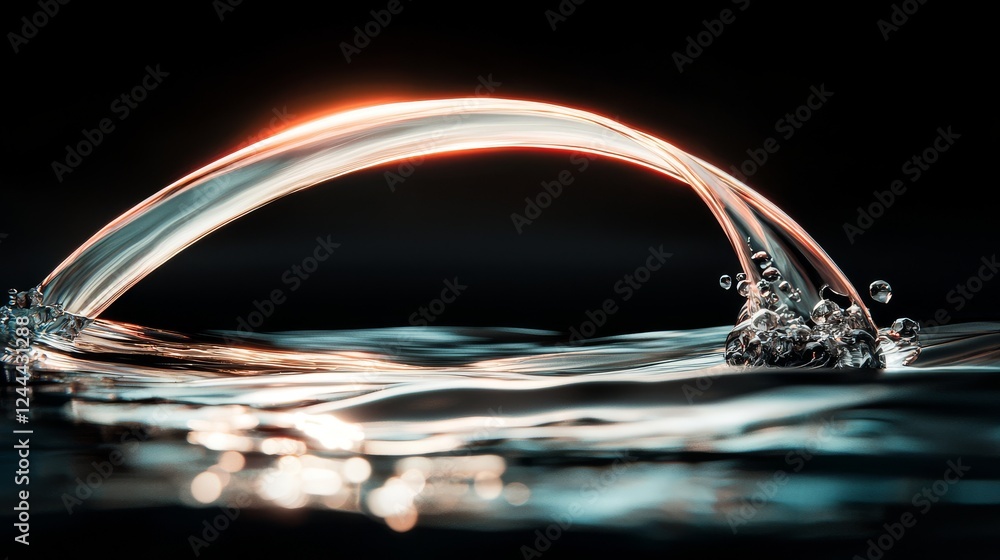 Poster 3d rendering of a curved tunnel with led lights glowing on the ceiling and reflections from a puddle