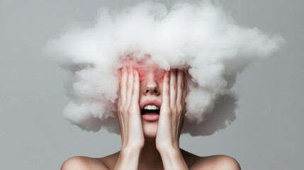 Surreal conceptual art: female with clouded head and hands on face