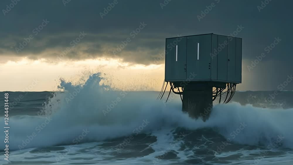 Poster waves crash around a weathered structure at sunset with dark clouds looming in the background