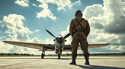 a vintage pilot in a leather flight suit and helmet stands in front of a classic fighter plane under a dramatic cloudy sky
