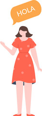Young woman wearing a red dress is waving and saying hello in spanish with a speech bubble showing the word hola, simple flat vector illustration