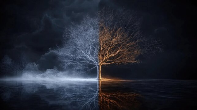 Symbolic duality: half-bare, half-lit tree reflecting in tranquil water