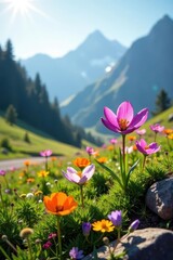 Fototapeta premium Sunlit gentian blooms amidst alpine wildflowers, meadow, alpine flowers, mountain flowers