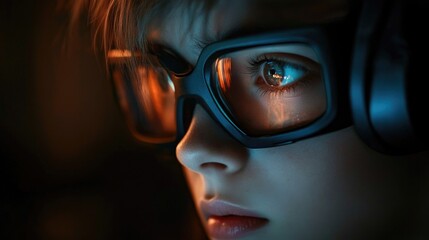 Young caucasian child with glasses observing reflection in virtual reality headset