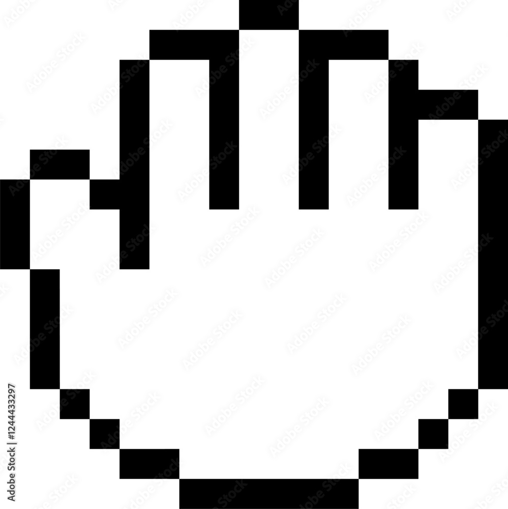 Poster black and white pixelated hand cursor is pointing and clicking, isolated on white background, repres